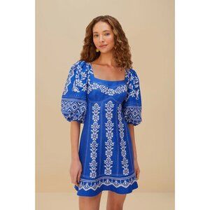 NWOT Farm Rio Blue Tropical Cross Stitch Pattern Premium Linen Mini Dress Sz XL